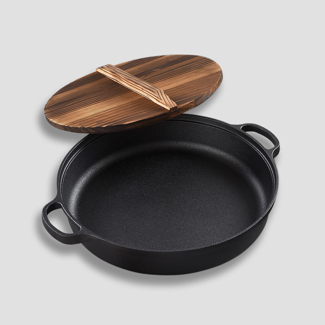 SOGA 2X 29cm Round Cast Iron Pre-seasoned Deep Baking Pizza Frying Pan Skillet with Wooden Lid