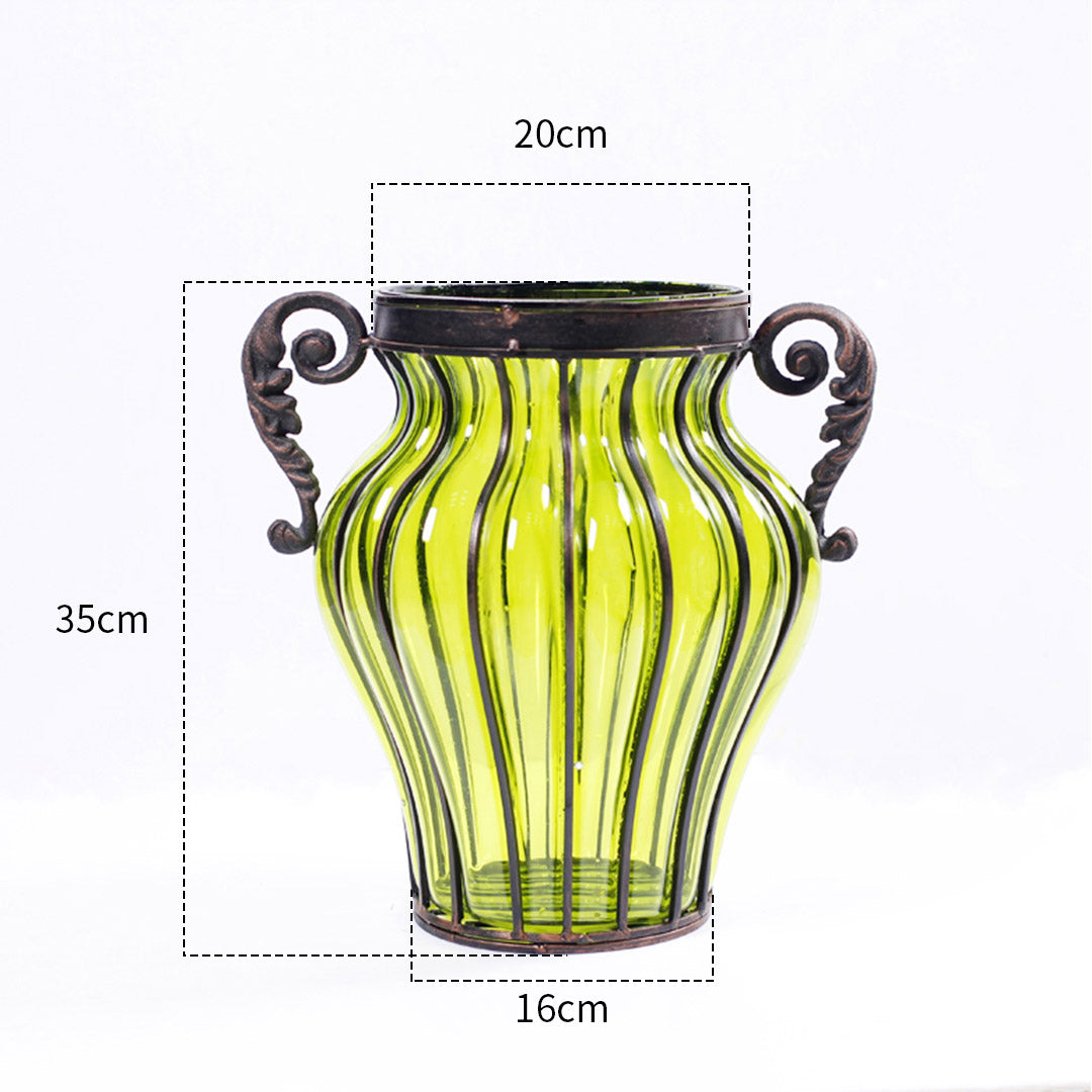 SOGA Green Colored Glass Flower Vase with 10 Bunch 6 Heads Artificial Fake Silk Rose Home Decor Set