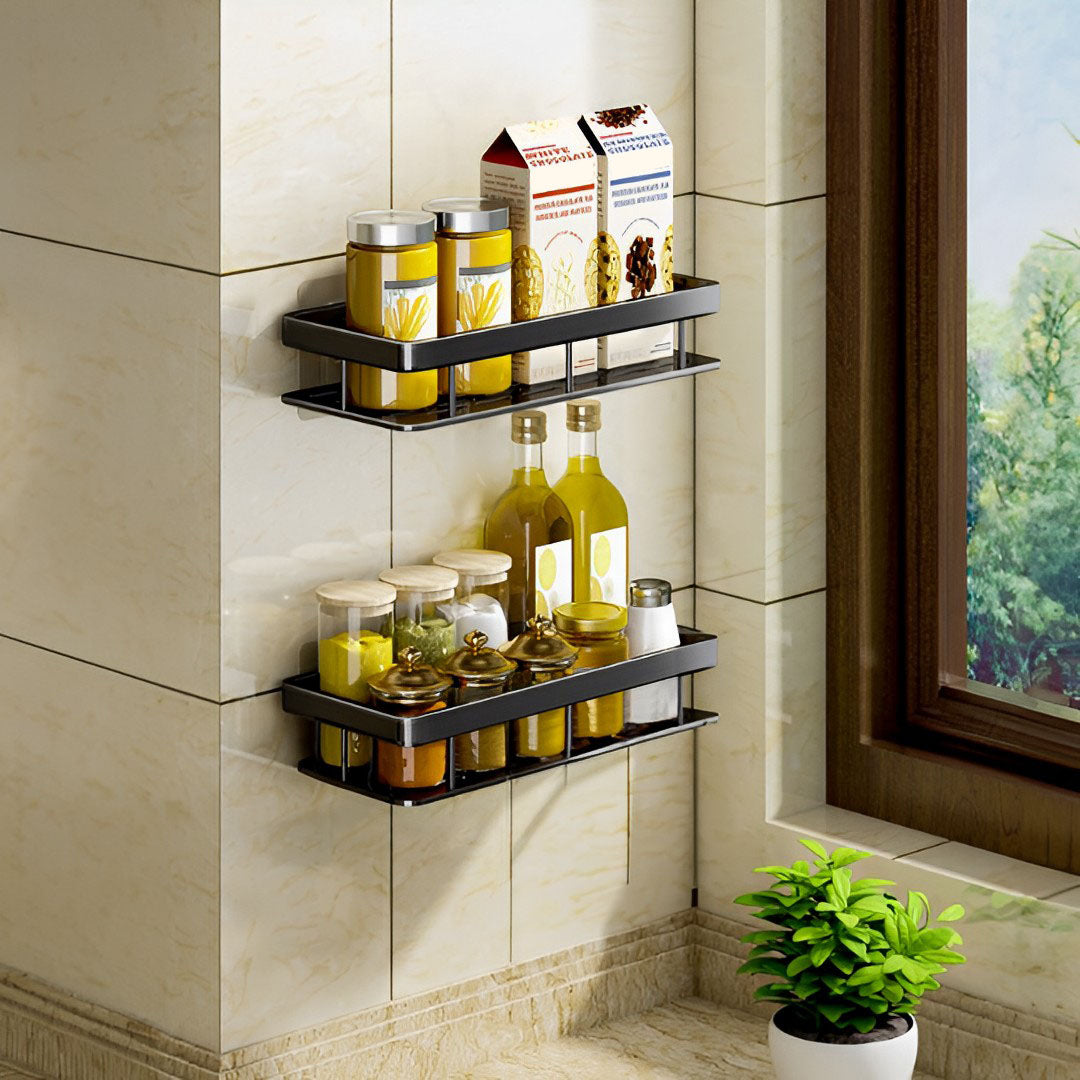 SOGA 2X Black Wall-Mounted Rectangular Bathroom Storage Organiser Space Saving Adhesive Shelf Rack