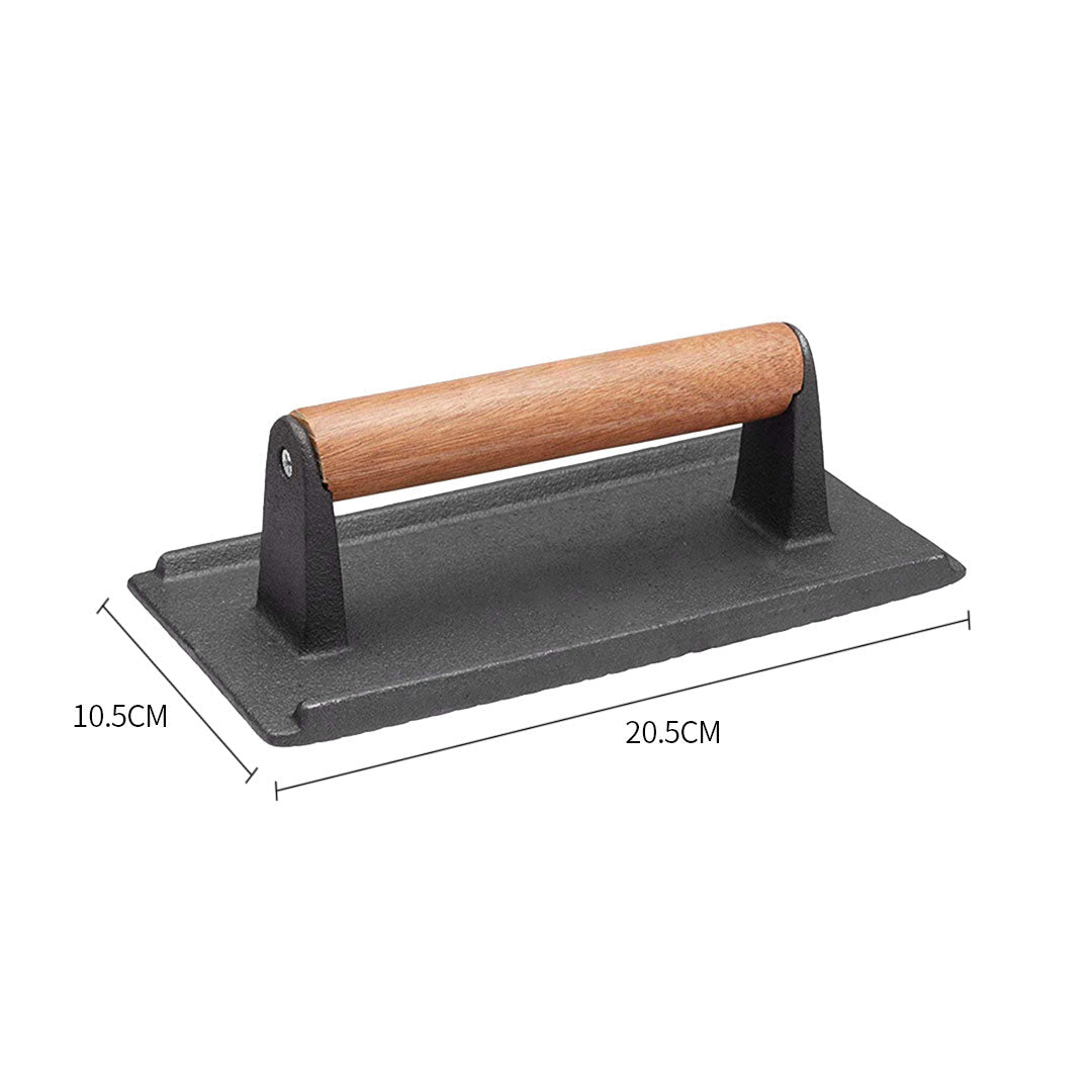 SOGA Cast Iron Bacon Meat Steak Press Grill BBQ with Wood Handle Weight Plate