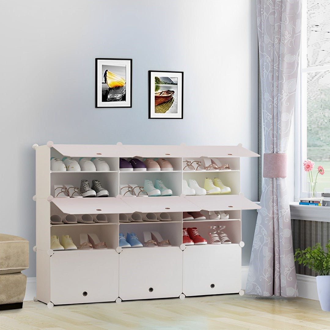SOGA 5 Tier 3 Column White Shoe Rack Organizer Sneaker Footwear Storage Stackable Stand Cabinet Portable Wardrobe with Cover