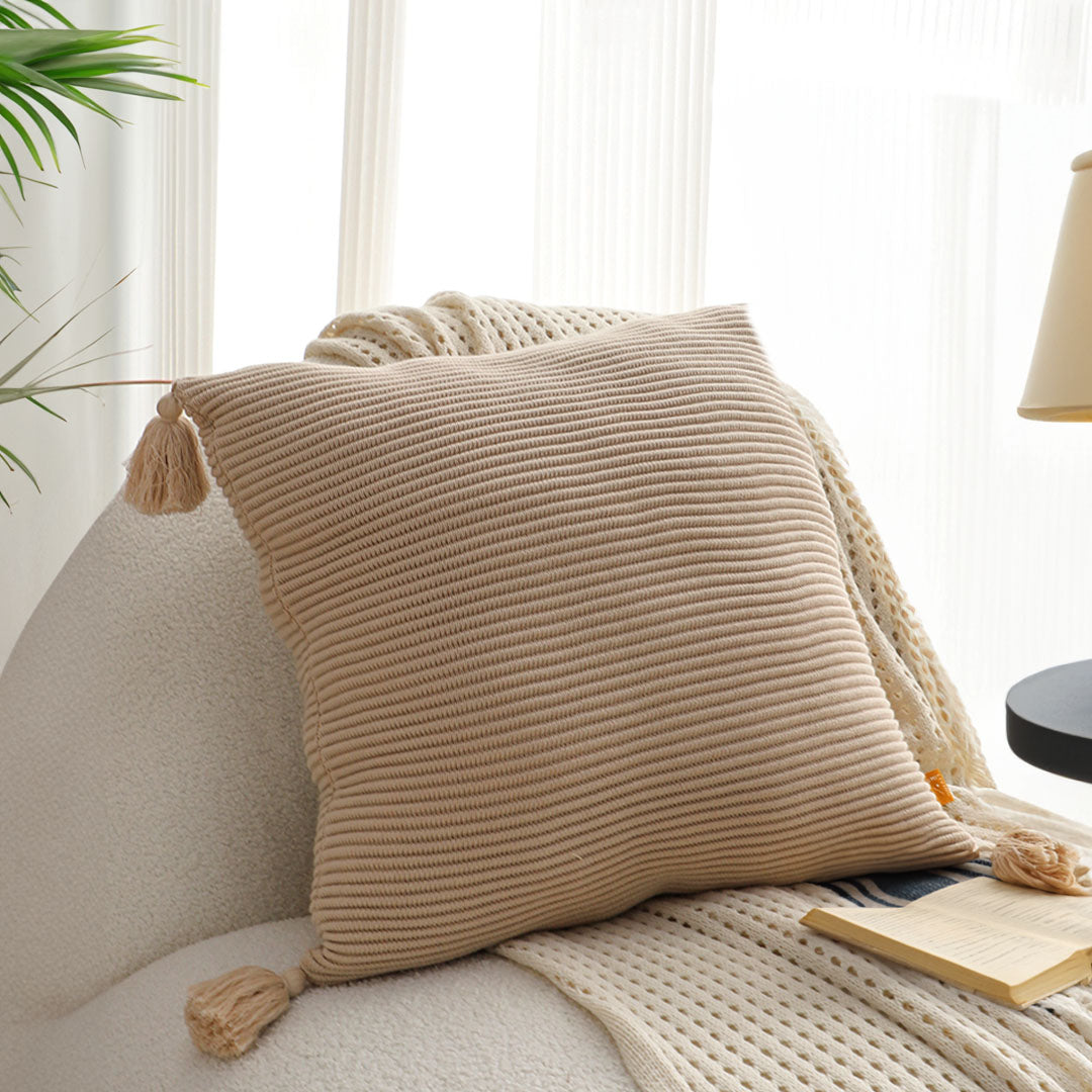 SOGA 2X 45cm Off-White Wabi-Sabi Raised Pillow Cotton Striped Large Tassel Square Throw Pillow