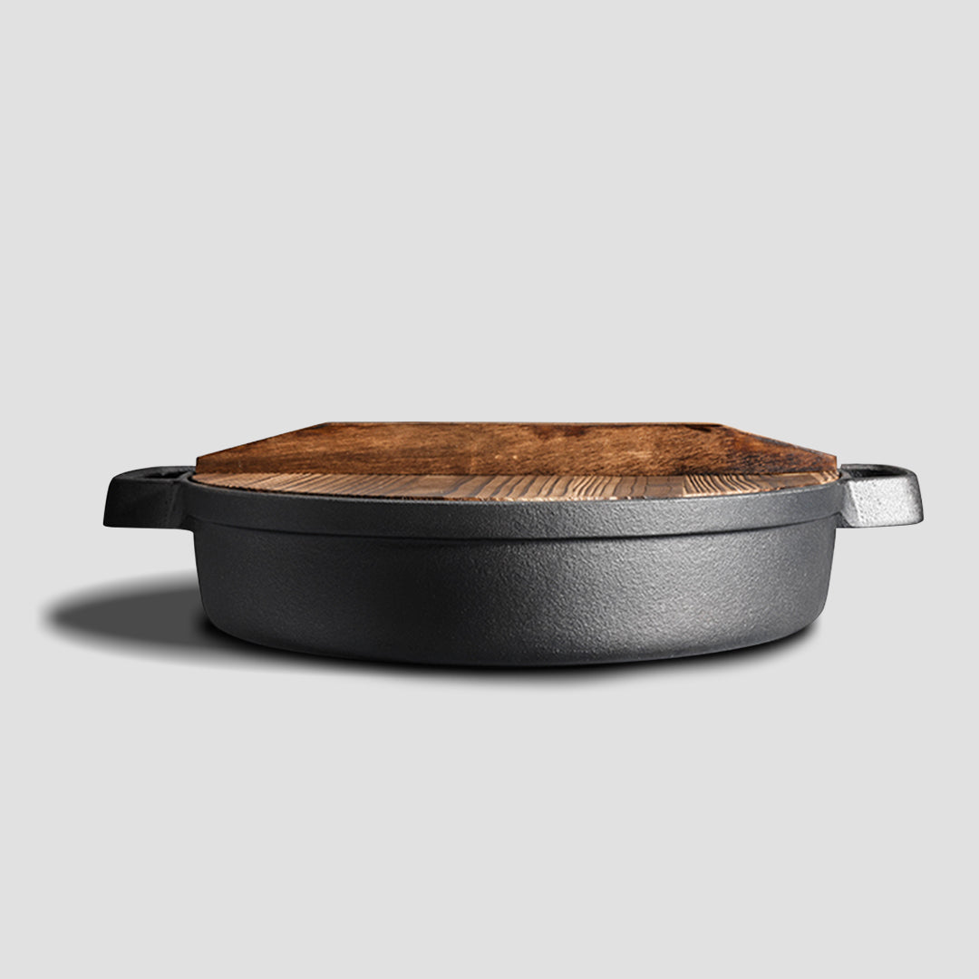 SOGA 2X 29cm Round Cast Iron Pre-seasoned Deep Baking Pizza Frying Pan Skillet with Wooden Lid
