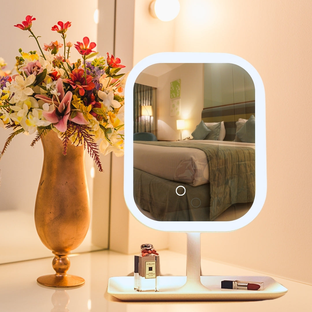 SOGA 2X 26cm White Squared Smart LED Makeup Bedroom Table Vanity Mirror Tricolor Adjustable Light w/ 5x Magnification