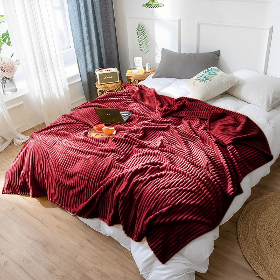 SOGA 2X Burgundy Throw Blanket Warm Cozy Striped Pattern Thin Flannel Coverlet Fleece Bed Sofa Comforter
