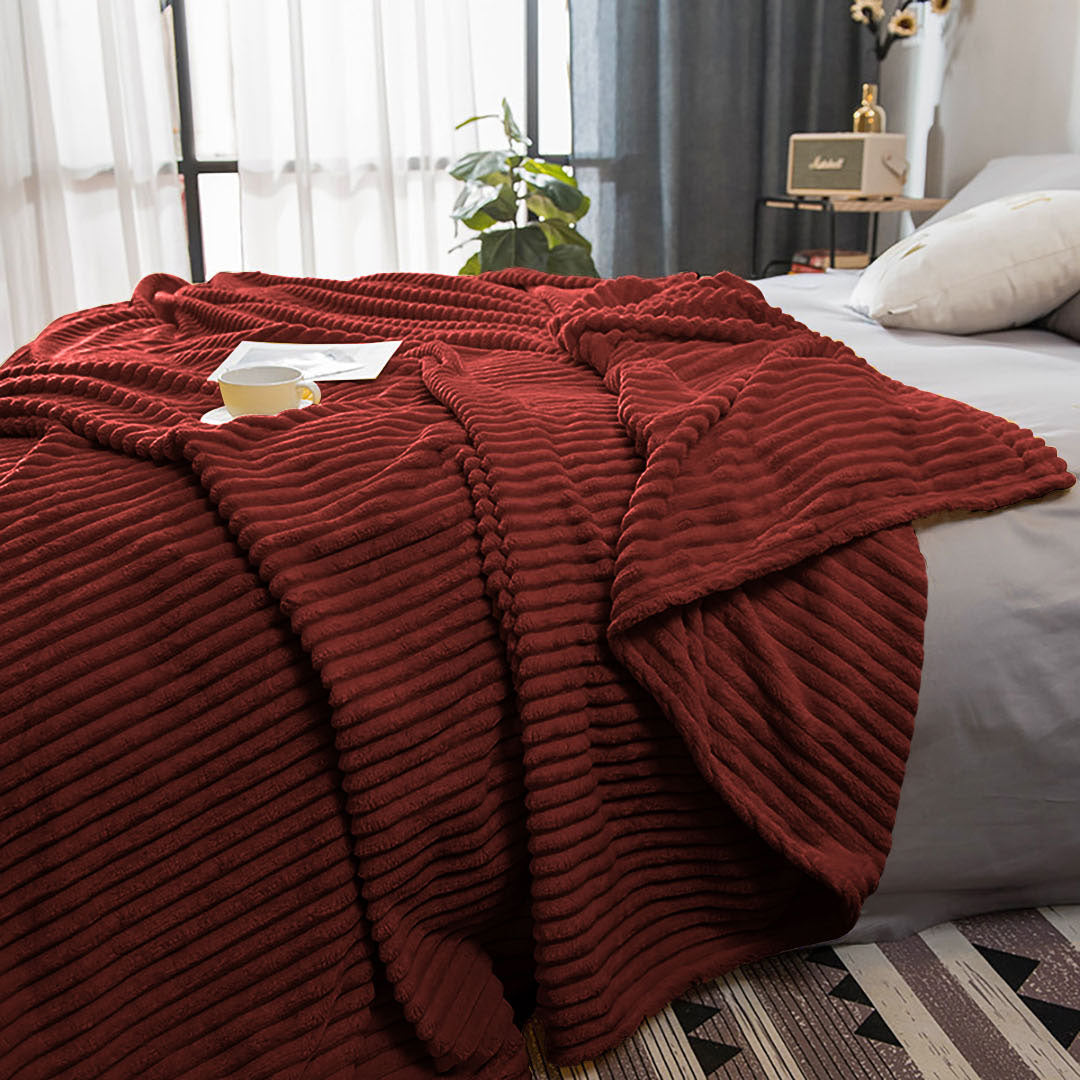 SOGA 2X Burgundy Throw Blanket Warm Cozy Striped Pattern Thin Flannel Coverlet Fleece Bed Sofa Comforter