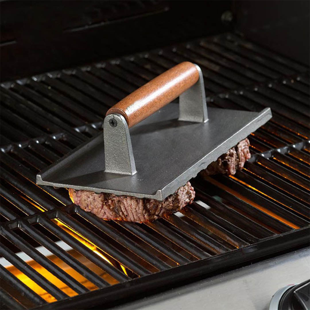 SOGA Cast Iron Bacon Meat Steak Press Grill BBQ with Wood Handle Weight Plate