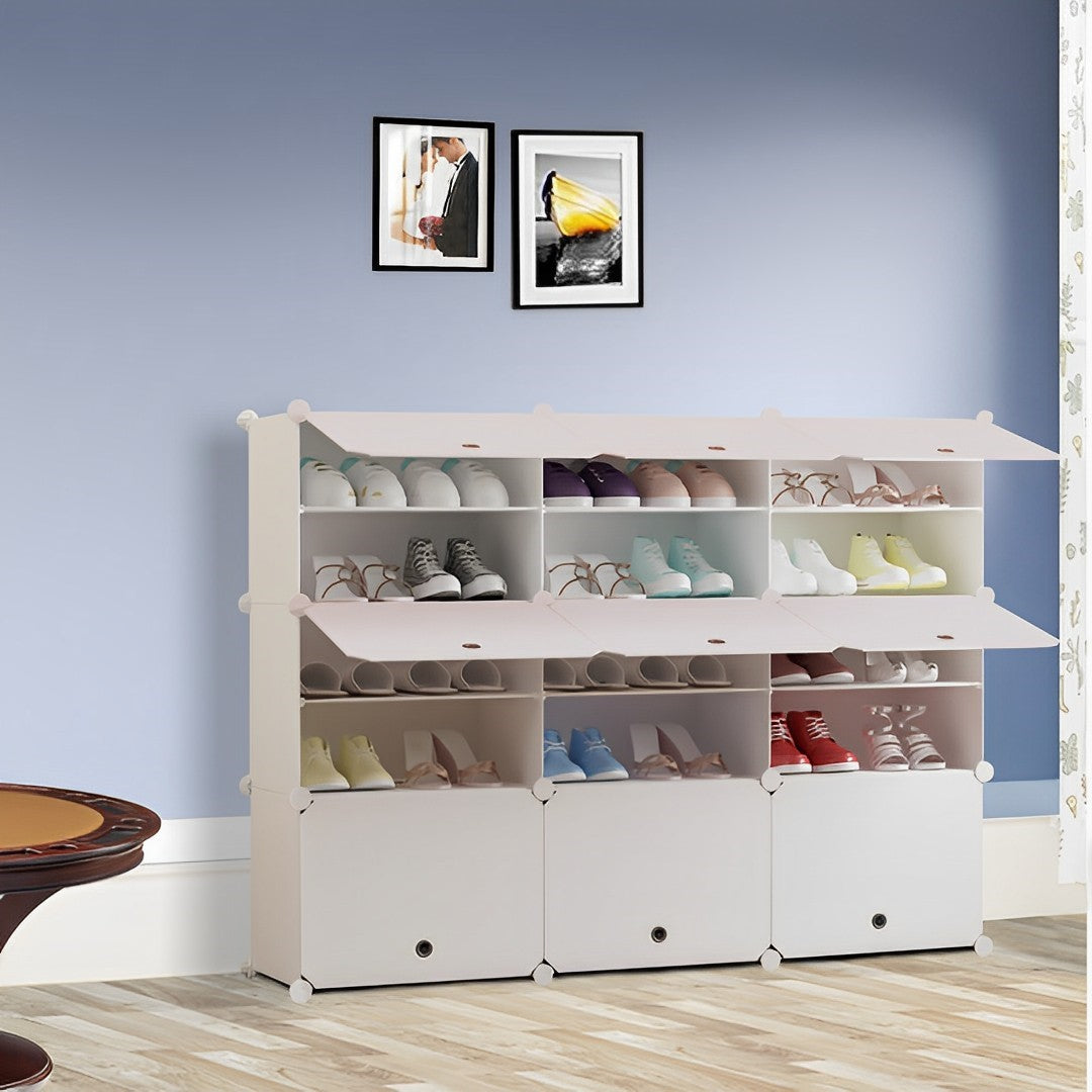 SOGA 5 Tier 3 Column White Shoe Rack Organizer Sneaker Footwear Storage Stackable Stand Cabinet Portable Wardrobe with Cover