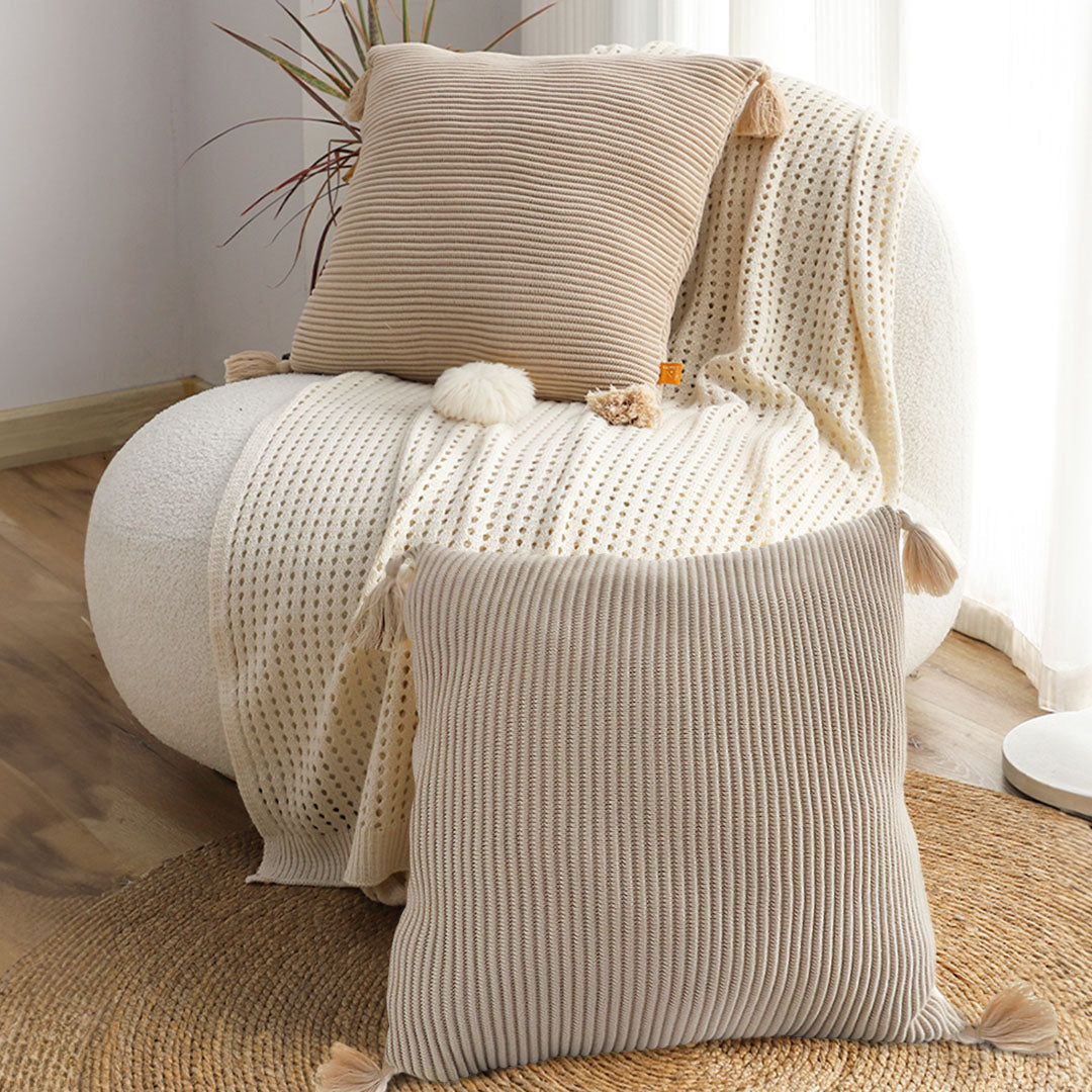 SOGA 2X 45cm Off-White Wabi-Sabi Raised Pillow Cotton Striped Large Tassel Square Throw Pillow