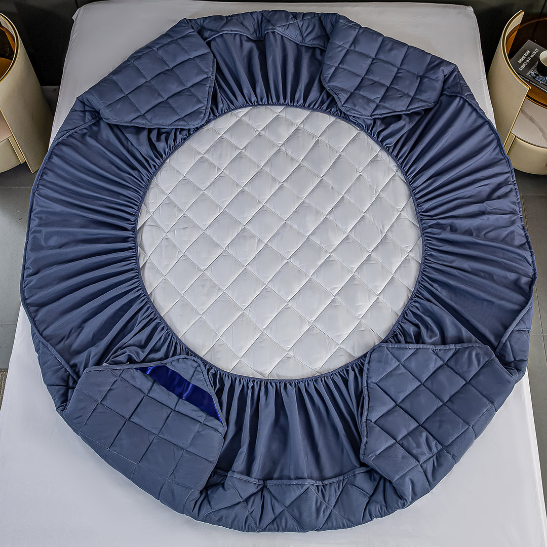 SOGA 2X Blue 183cm Wide Cross-Hatch Mattress Cover Thick Quilted Stretchable Bed Spread Sheet Protector with Pillow Covers