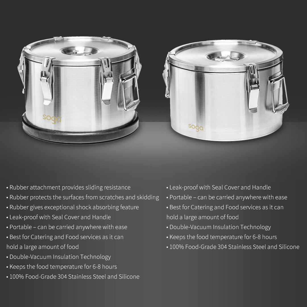 SOGA 10L 304 Stainless Steel Insulated Food Carrier Warmer Container with Anti Slip Rubber Bottom