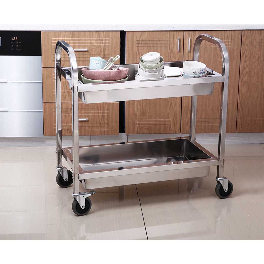 SOGA 2X 2 Tier 75鑴40鑴83cm Stainless Steel Kitchen Trolley Bowl Collect Service Food Cart Small