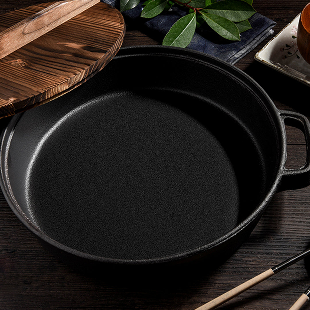 SOGA 2X 29cm Round Cast Iron Pre-seasoned Deep Baking Pizza Frying Pan Skillet with Wooden Lid