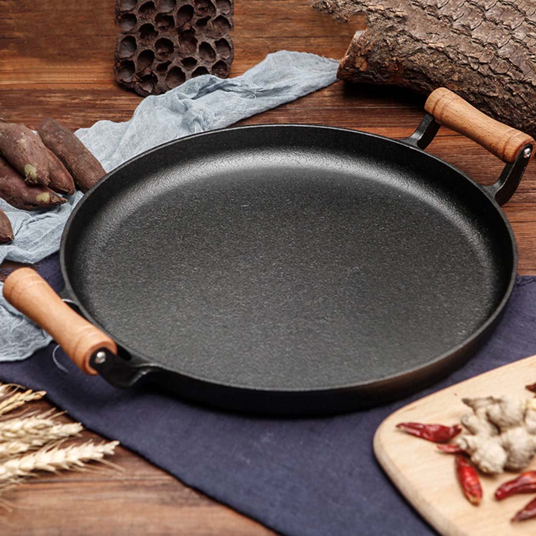 SOGA 2X 31cm Cast Iron Frying Pan Skillet Steak Sizzle Fry Platter With Wooden Handle No Lid