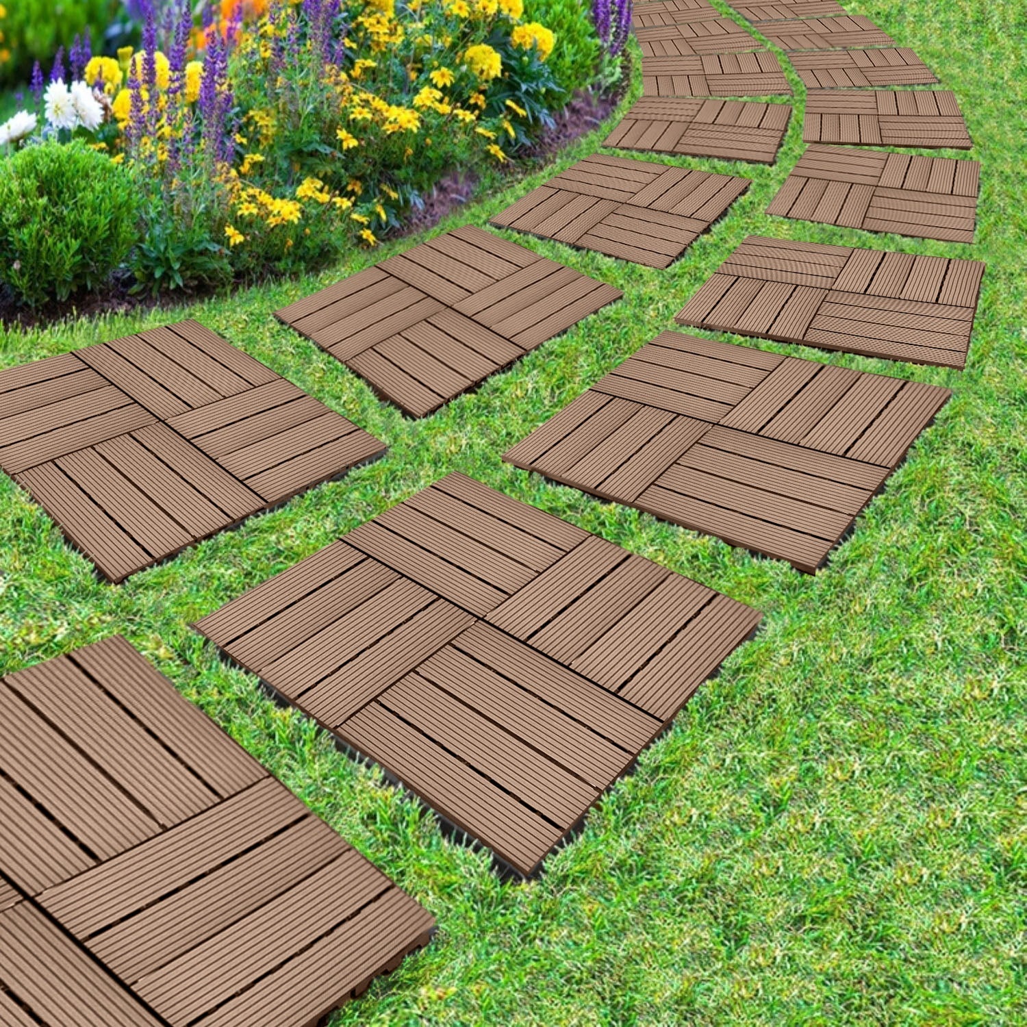 SOGA 11 pcs Light Chocolate DIY Wooden Composite Decking Tiles Garden Outdoor Backyard Flooring Home Decor
