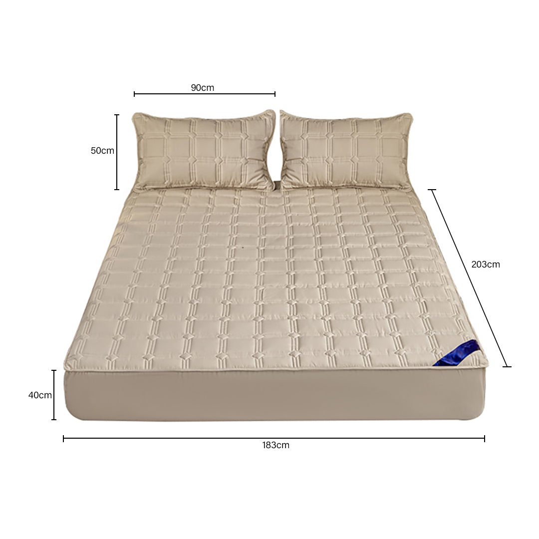 SOGA 2X Beige 183cm Wide Mattress Cover Thick Quilted Stretchable Bed Spread Sheet Protector with Pillow Covers