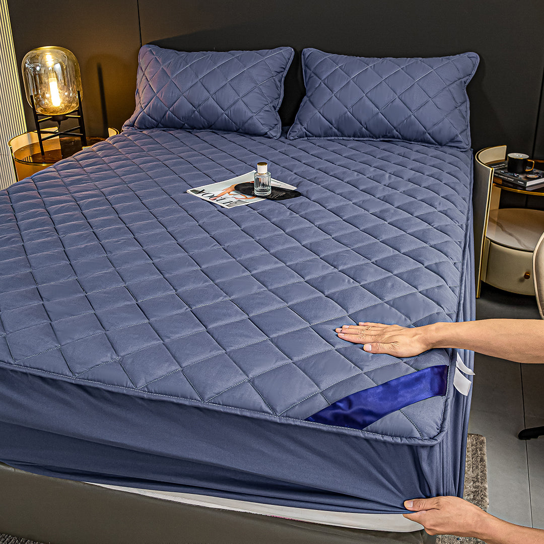 SOGA 2X Blue 153cm Wide Cross-Hatch Mattress Cover Thick Quilted Stretchable Bed Spread Sheet Protector with Pillow Covers
