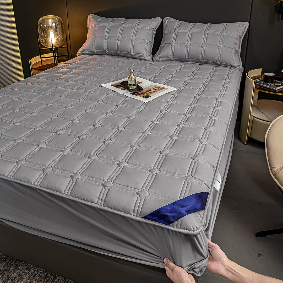 SOGA Grey 183cm Wide Mattress Cover Thick Quilted Stretchable Bed Spread Sheet Protector with Pillow Covers