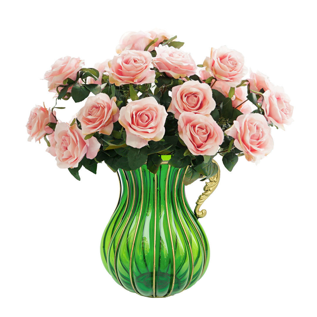 SOGA Green Colored Glass Flower Vase with 4 Bunch 9 Heads Artificial Fake Silk Rose Home Decor Set