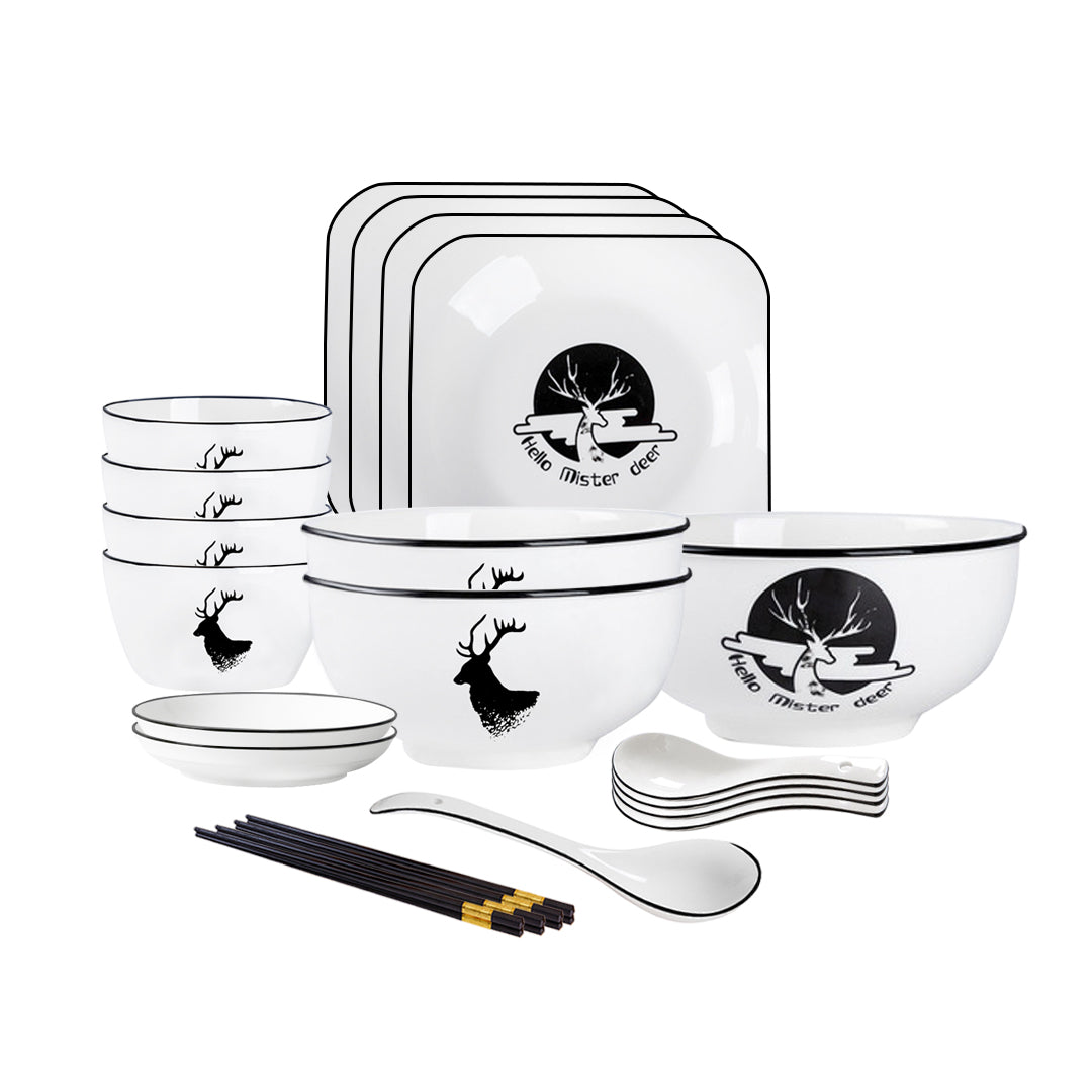 White Antler Printed Ceramic Dinnerware Set