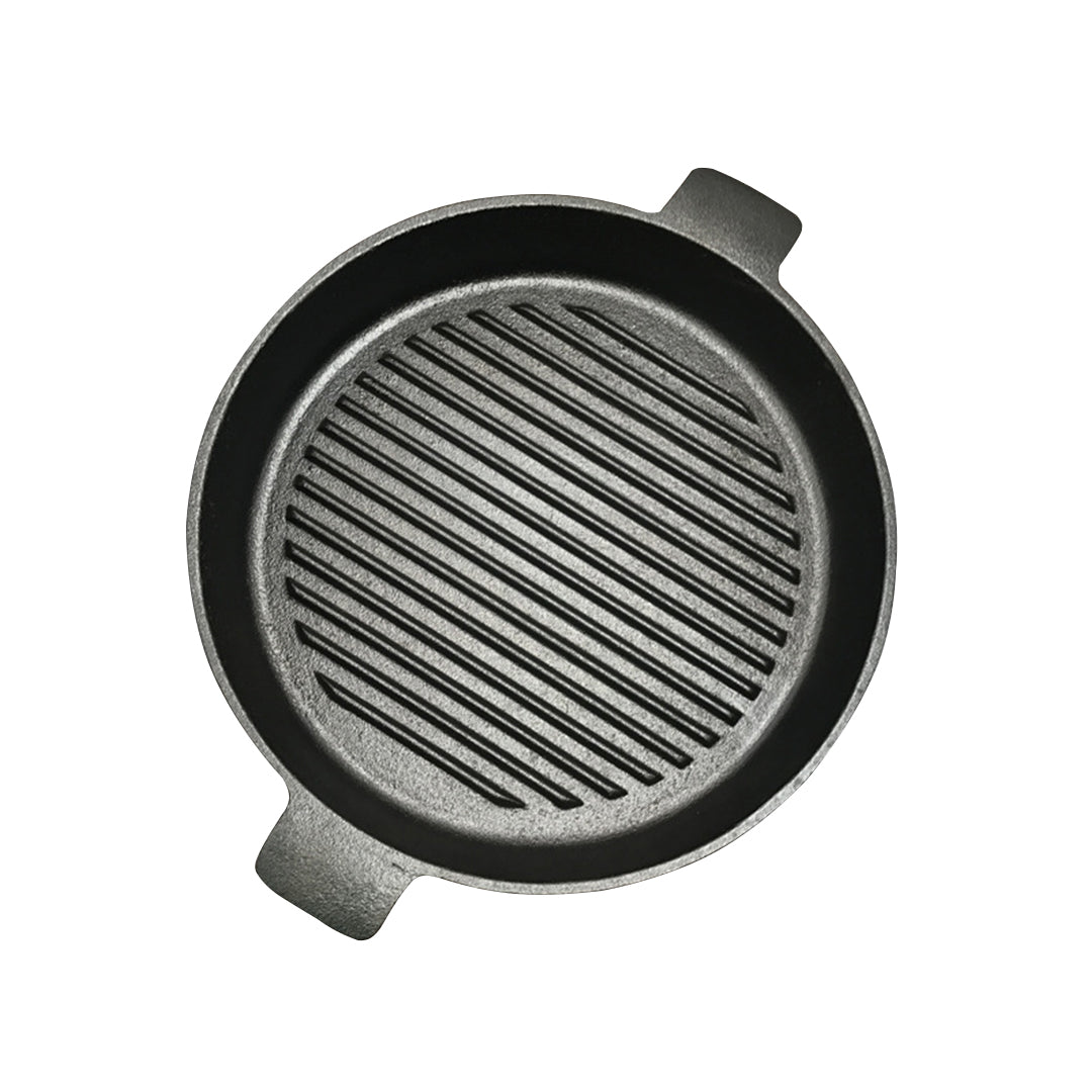 SOGA 25cm Round Ribbed Cast Iron Frying Pan Skillet Steak Sizzle Platter with Handle