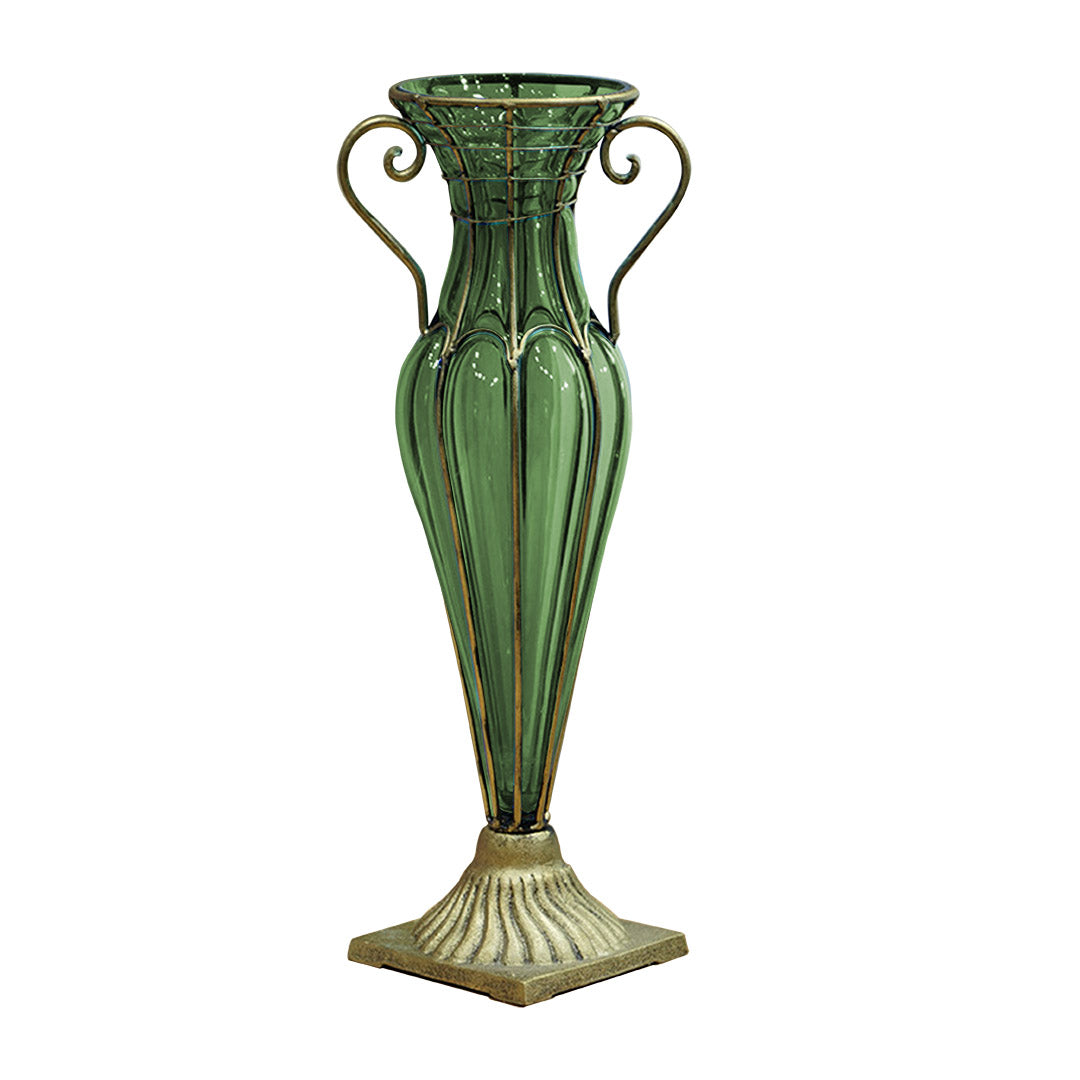 Green Flower Vase With Two Gold Metal Handle