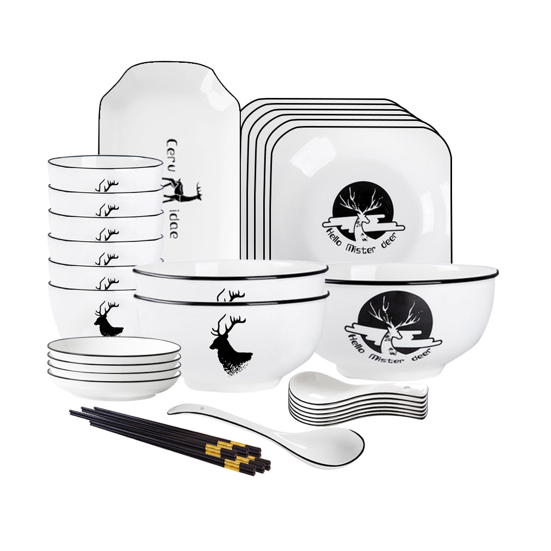 White Antler Printed Ceramic Dinnerware Set