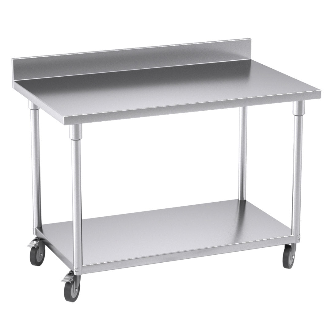 SOGA 120cm Commercial Catering Kitchen Stainless Steel Prep Work Bench Table with Backsplash and Caster Wheels