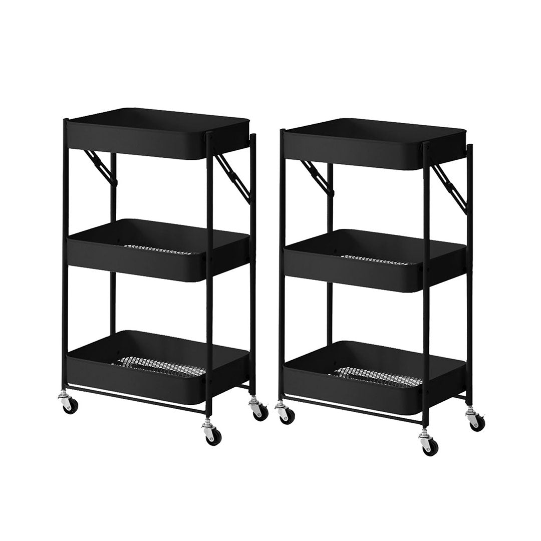 SOGA 2X 3 Tier Steel Black Foldable Kitchen Cart Multi-Functional Shelves Storage Organizer with Wheels