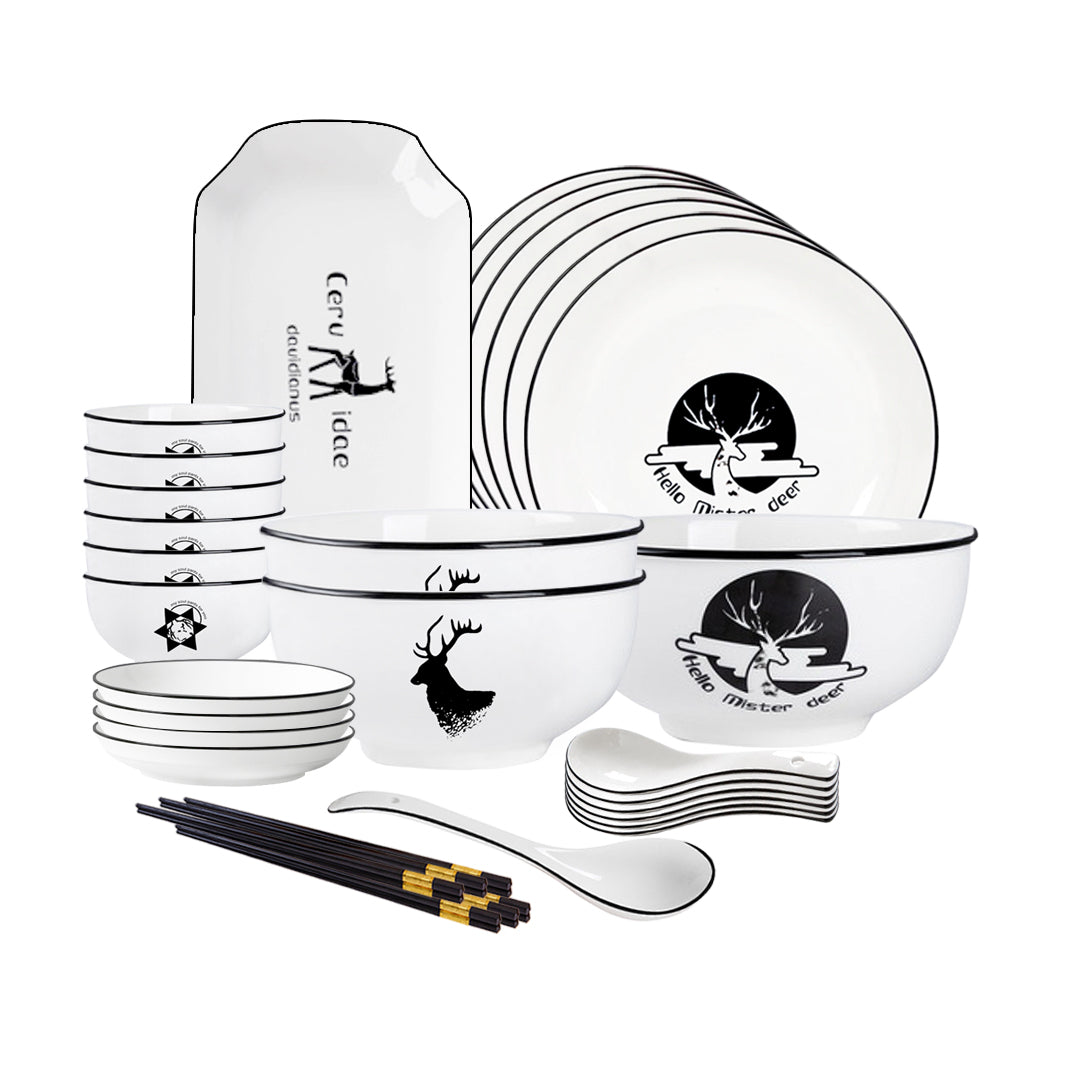 White Antler Printed Ceramic Dinnerware Set