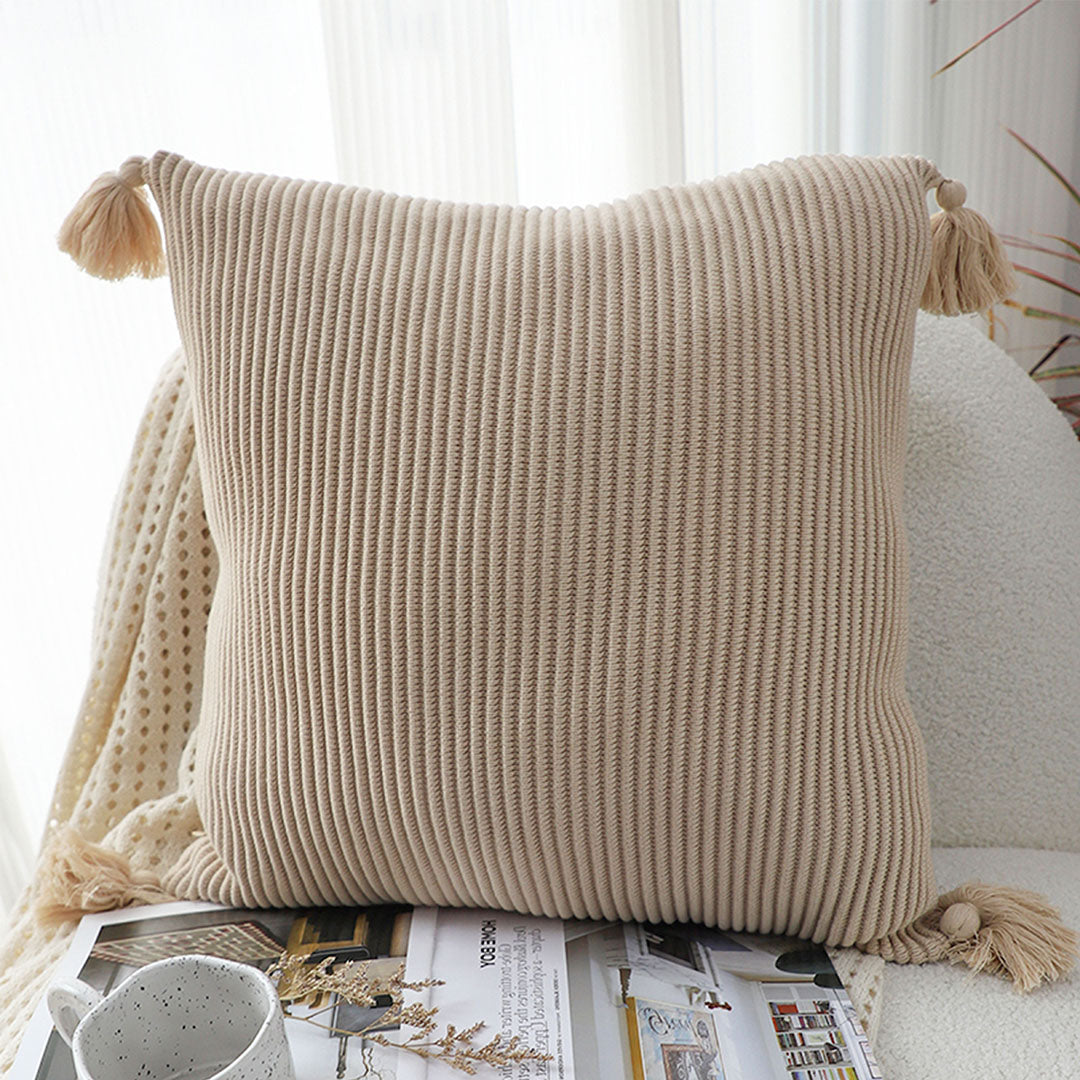 SOGA 45cm Off-White Wabi-Sabi Raised Pillow Cotton Striped Large Tassel Square Pillow Throw Pillow