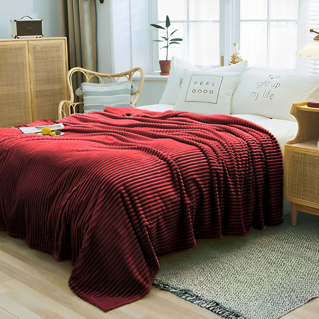 SOGA Burgundy Throw Blanket Warm Cozy Striped Pattern Thin Flannel Coverlet Fleece Bed Sofa Comforter