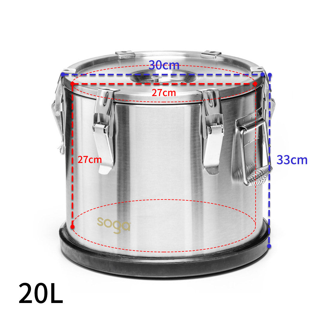 SOGA 20L 304 Stainless Steel Insulated Food Carrier Warmer Container with Anti Slip Rubber Bottom