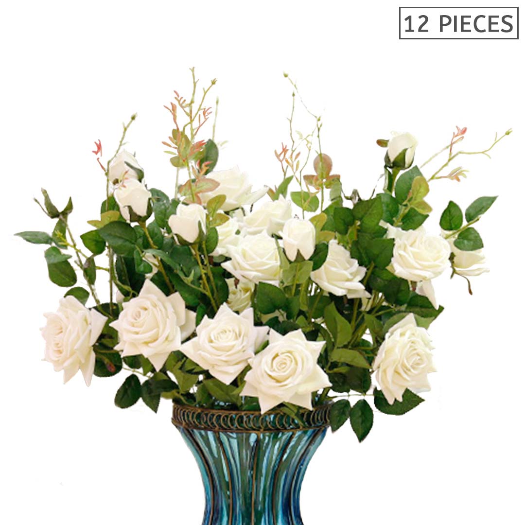 SOGA 12 Heads Artificial Silk Flower Fake Rose Bouquet Table Decor White