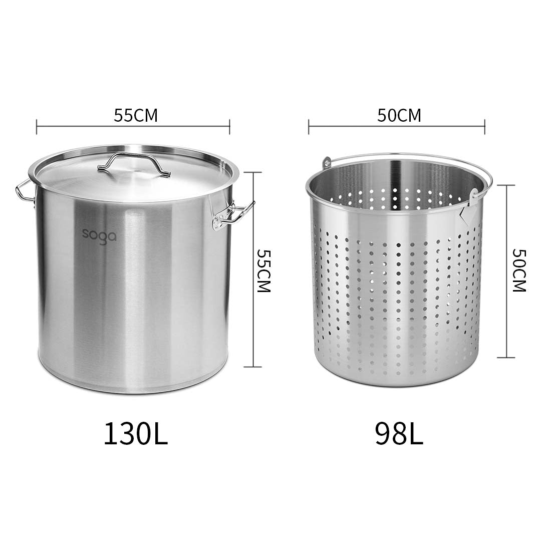 SOGA 130L 18/10 Stainless Steel Stockpot with Perforated Stock pot Basket Pasta Strainer