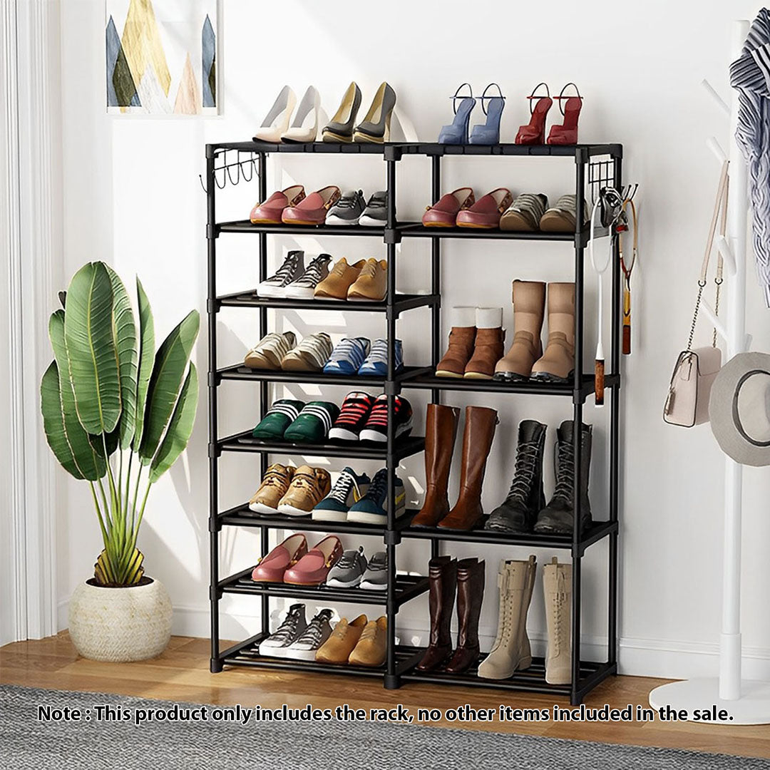 SOGA 2X 12-Shelf Tier Shoe Storage Shelf Space-Saving Caddy Rack Organiser with Side Hooks Black