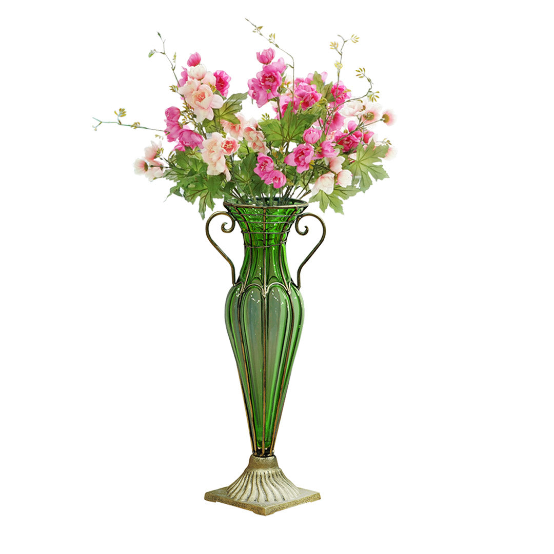 Green Flower Vase With Two Gold Metal Handle