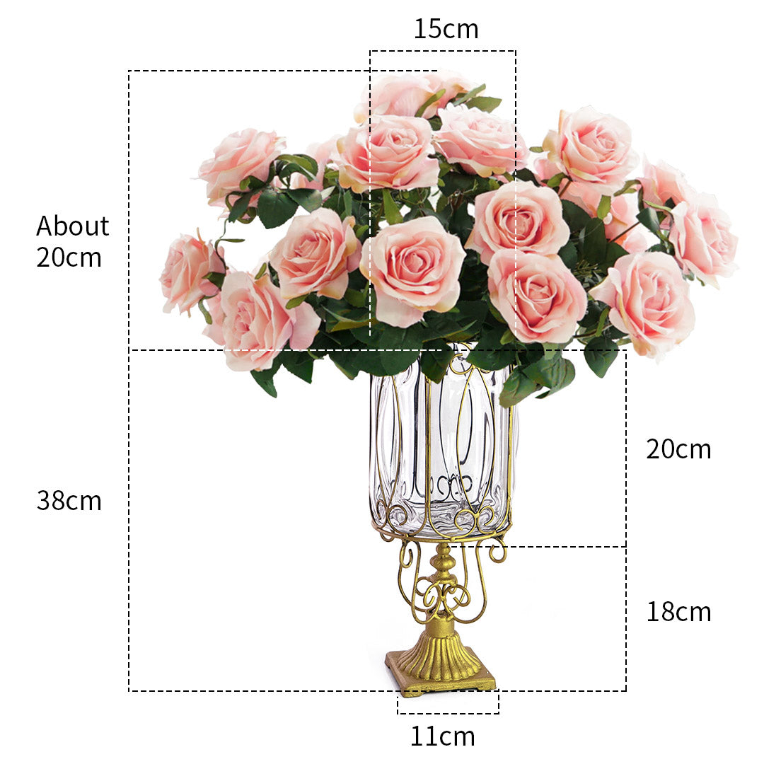 SOGA Clear Glass Cylinder Flower Vase with 4 Bunch 9 Heads Artificial Fake Silk Rose Home Decor Set