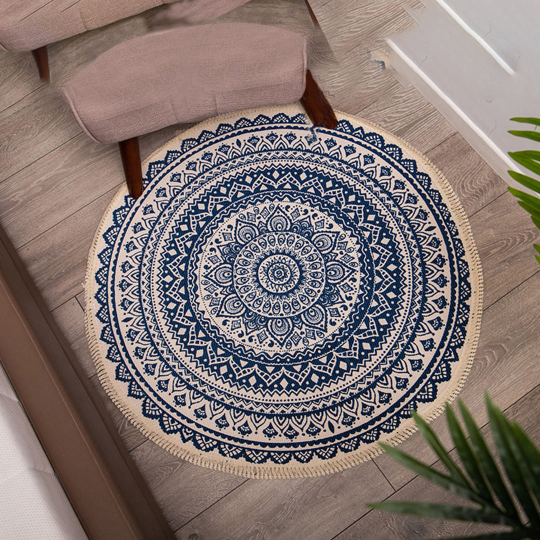 SOGA 2X Dark Blue Carpet Soft Linen Bohemian Non-Slip Floor Retro Minimalist Round Rug Home Decor with Tassels