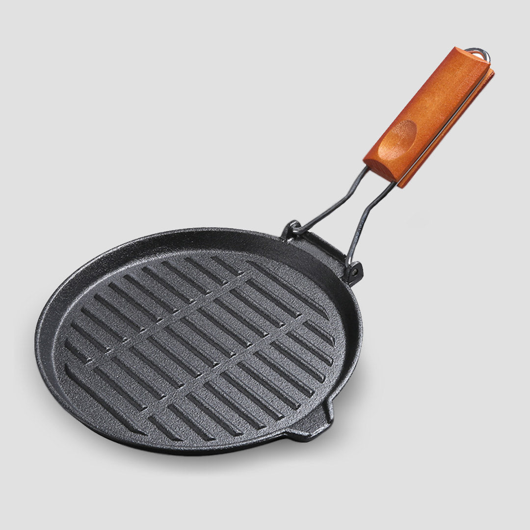 SOGA 24cm Round Ribbed Cast Iron Steak Frying Grill Skillet Pan with Folding Wooden Handle