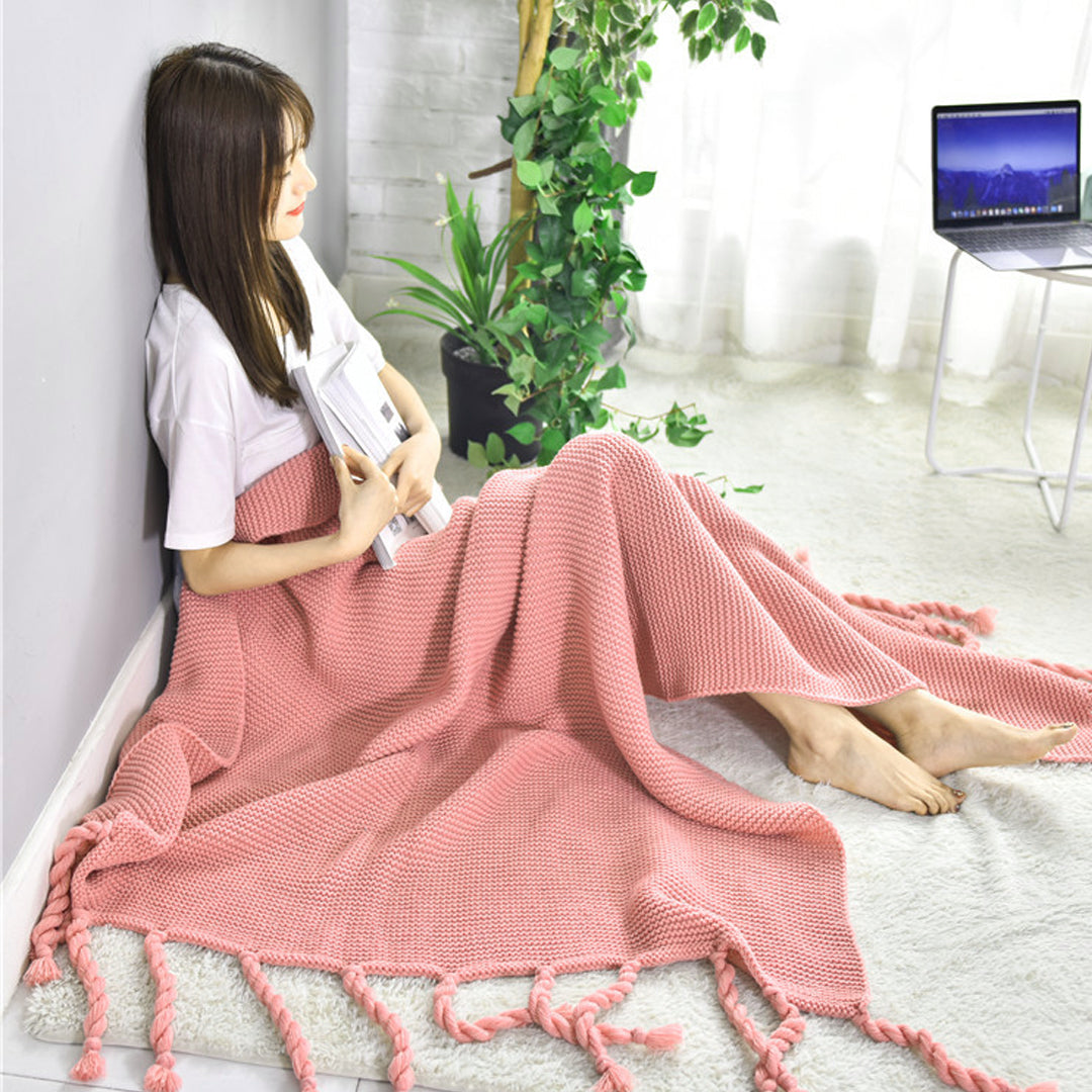 Fringe Tassel Knitted Throw Blanket