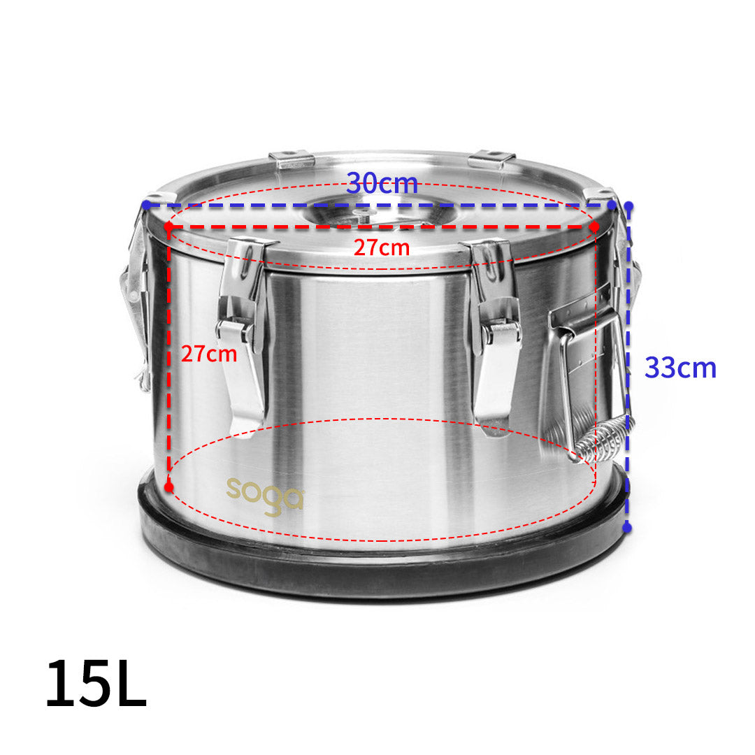 SOGA 15L 304 Stainless Steel Insulated Food Carrier Warmer Container with Anti Slip Rubber Bottom