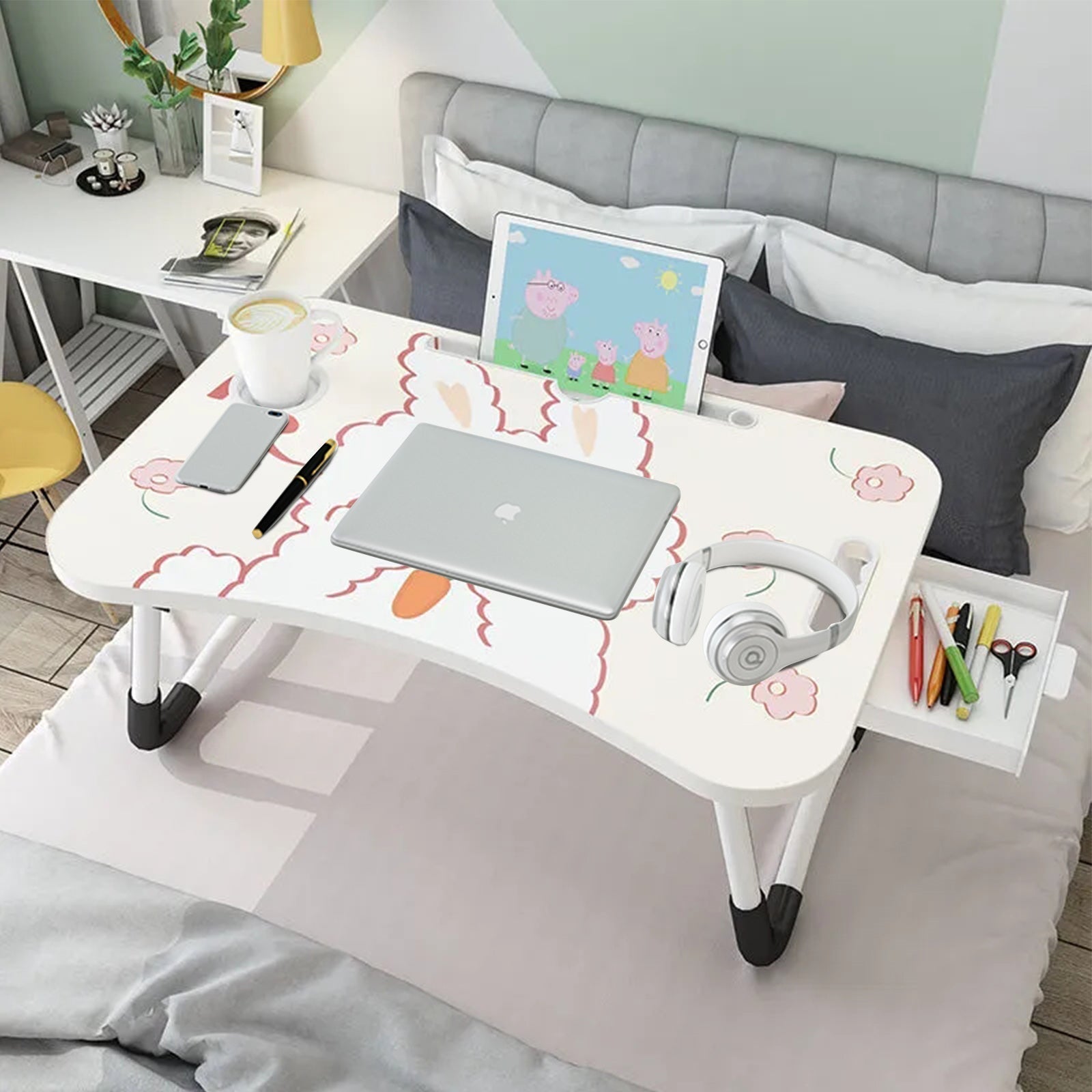 SOGA Cute Rabbit Design  Portable Bed Table Adjustable Foldable Bed Sofa Study Table Laptop Mini Desk with Drawer and Cup Slot Home Decor