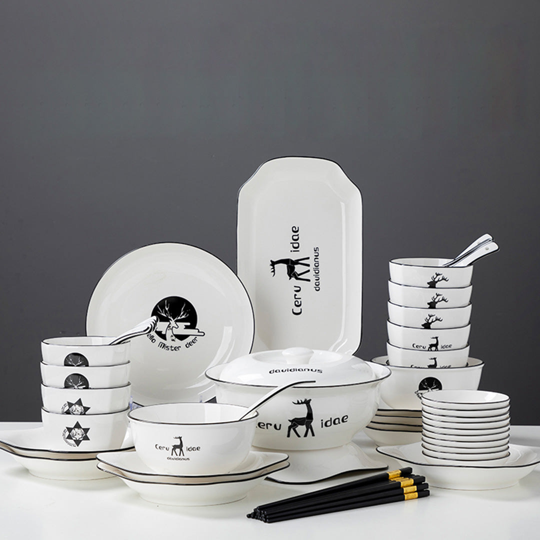 White Antler Printed Ceramic Dinnerware Set