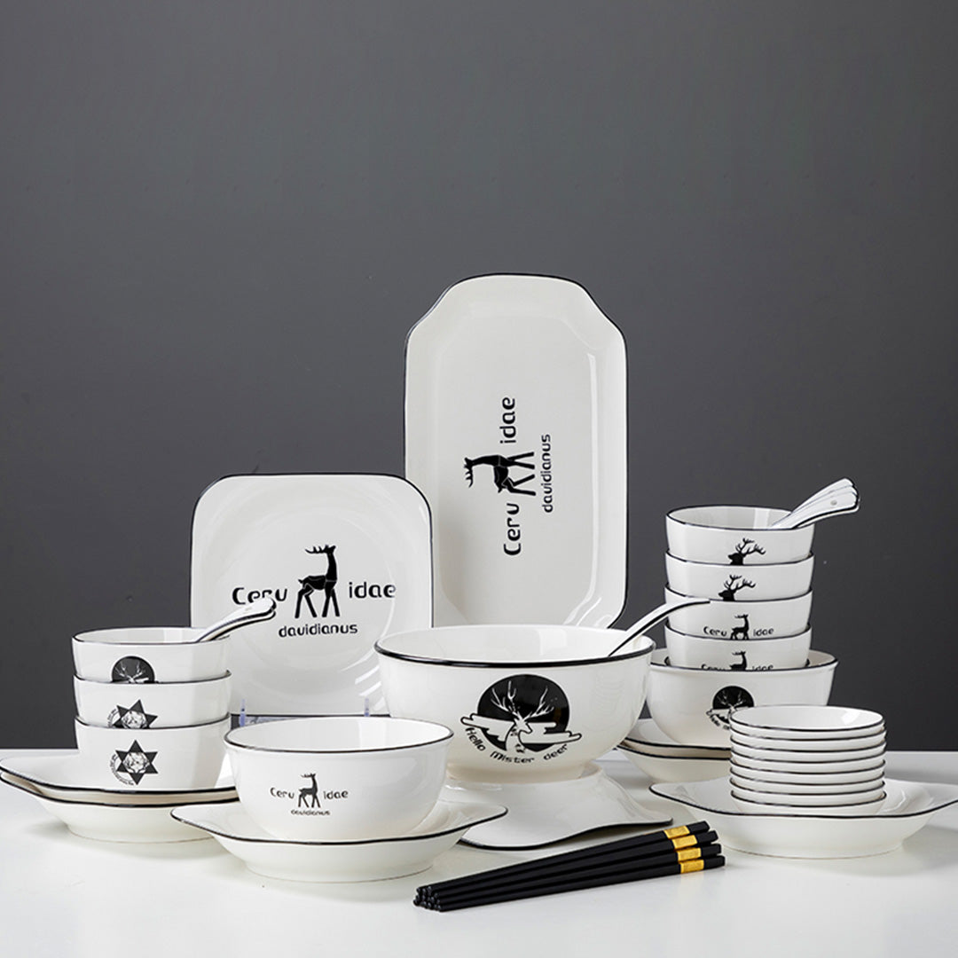 White Antler Printed Ceramic Dinnerware Set