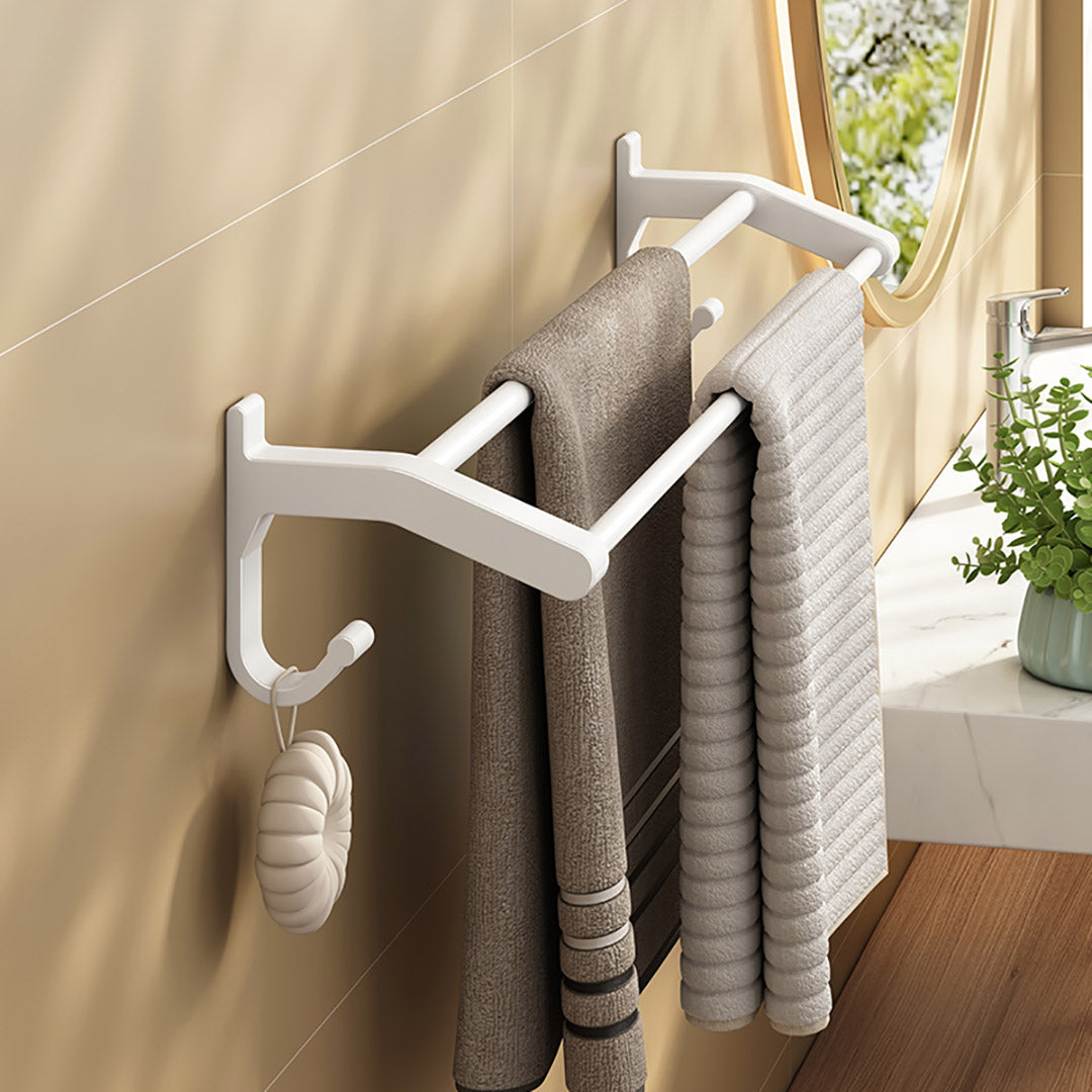 SOGA 2X 62cm White Wall-Mounted Double Pole Towel Holder Bathroom Organiser Rail Hanger with Hooks