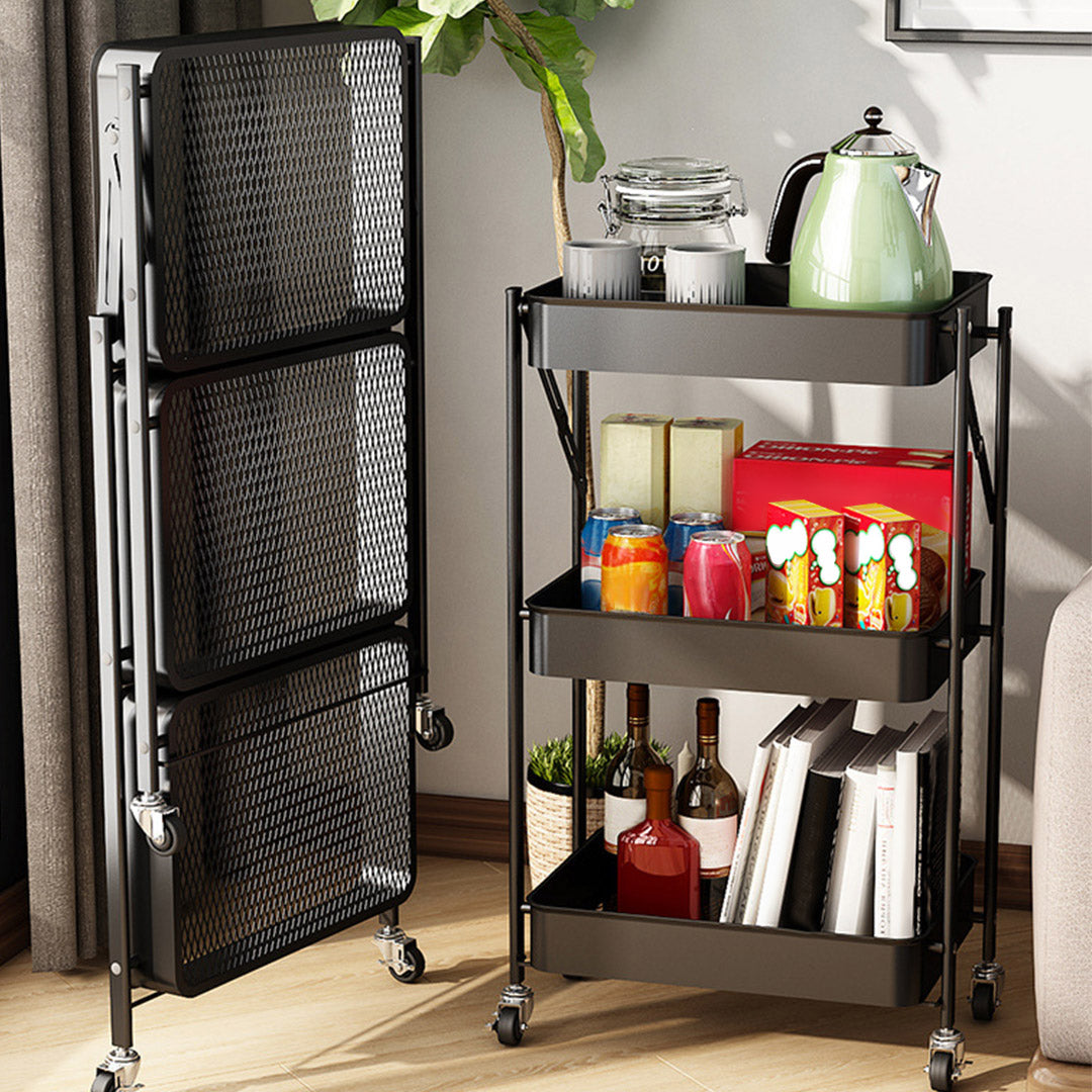 SOGA 2X 3 Tier Steel Black Foldable Kitchen Cart Multi-Functional Shelves Storage Organizer with Wheels