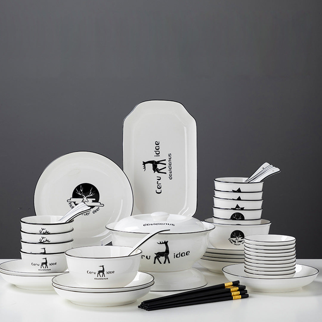 White Antler Printed Ceramic Dinnerware Set