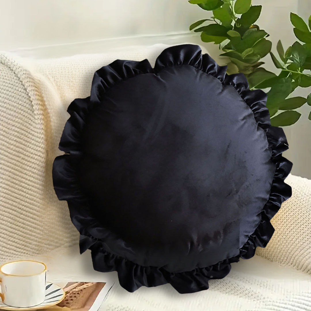 SOGA 45cm Butterfly Black Vintage Lotus Leaf Edge Round Throw Pillow