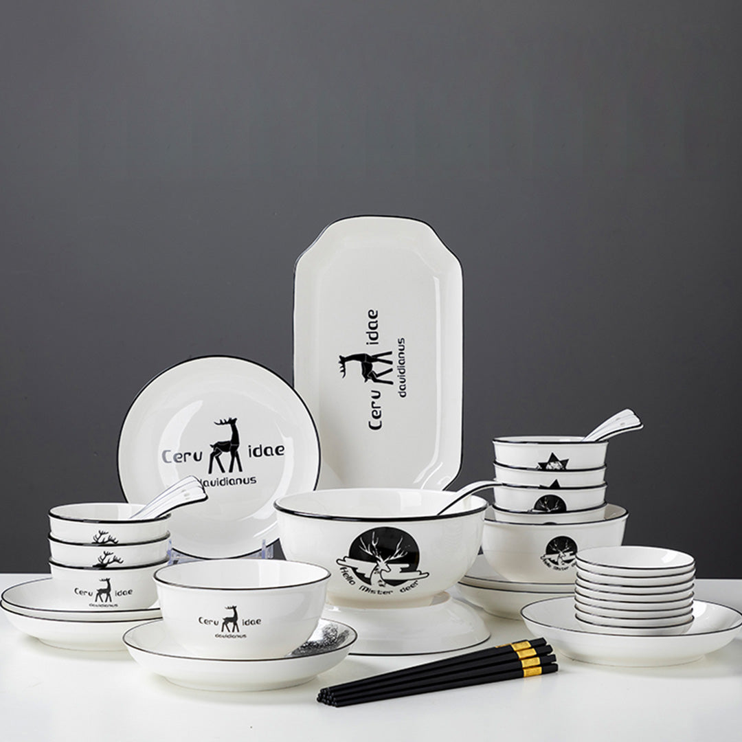 White Antler Printed Ceramic Dinnerware Set